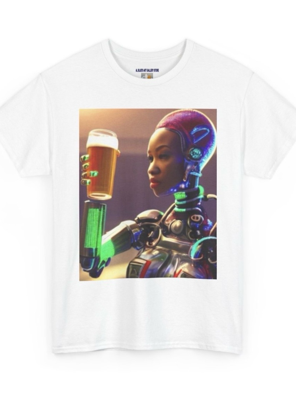 Al Blue designed,White Tee with Colorful Futuristic Robot Art